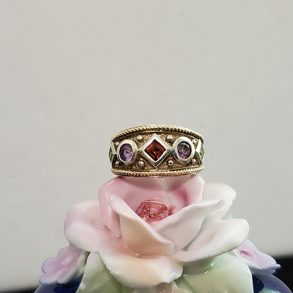 Sterling Silver/14K Ring with Garnet, Amethyst, and Peridot 6.75 Vintage - Picture 2 of 16